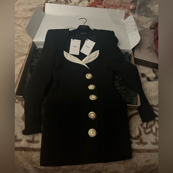 BALMAIN - Asymetric Buttoned Crepe Short Dress in Noir & Blac - Picture 3 of 4